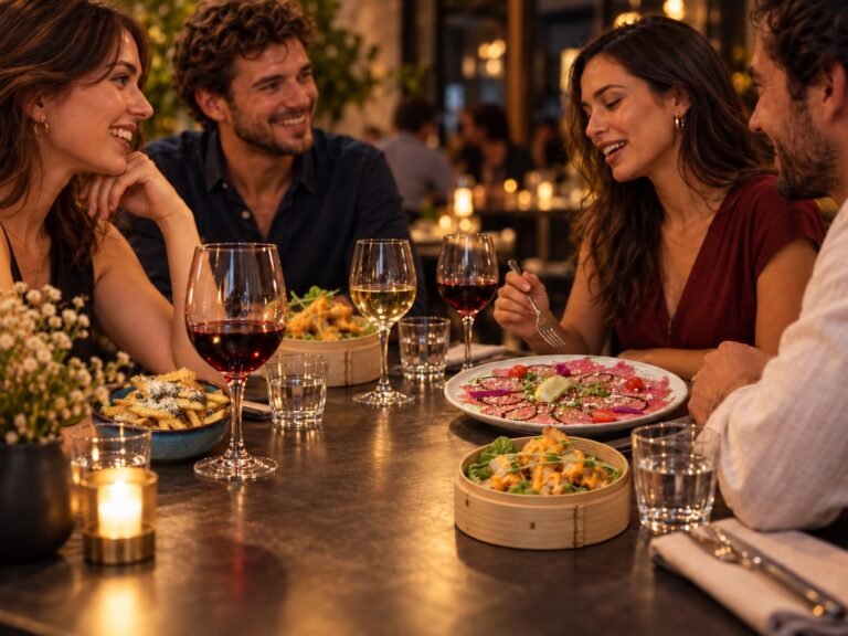 Carpaccio de bœuf, gambas crispy et frites au parmesan autour d’une table conviviale